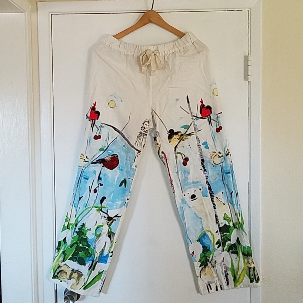 Flannel pajama pants with winter woodland scene